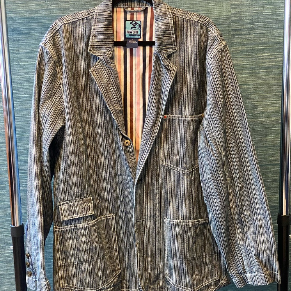 Raw Blue Nu Realms XL Vintage Striped Long Denim Jacket coat